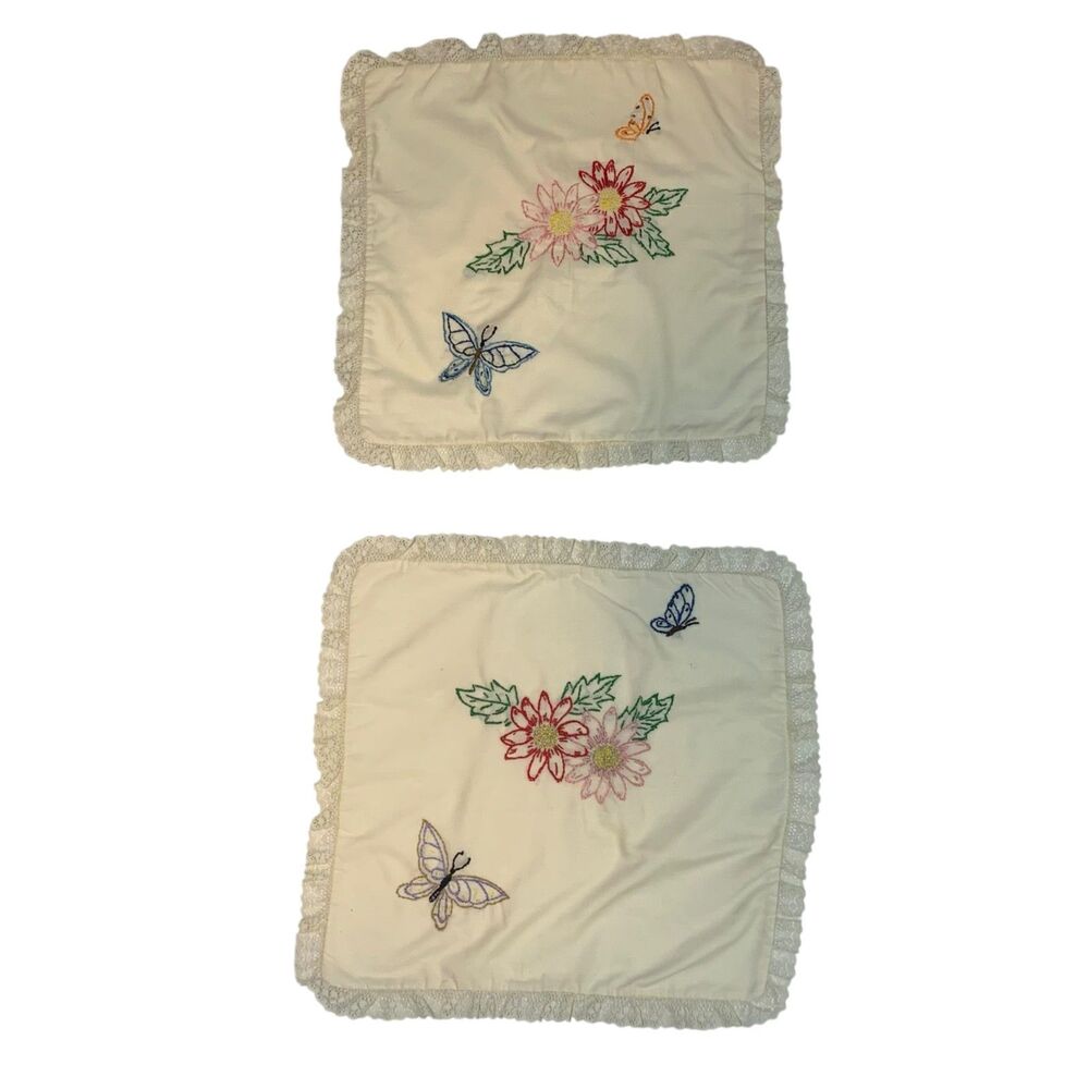 Vintage Handmade Embroidered Pillow Covers Set of 2 Floral Butterfly Lace
